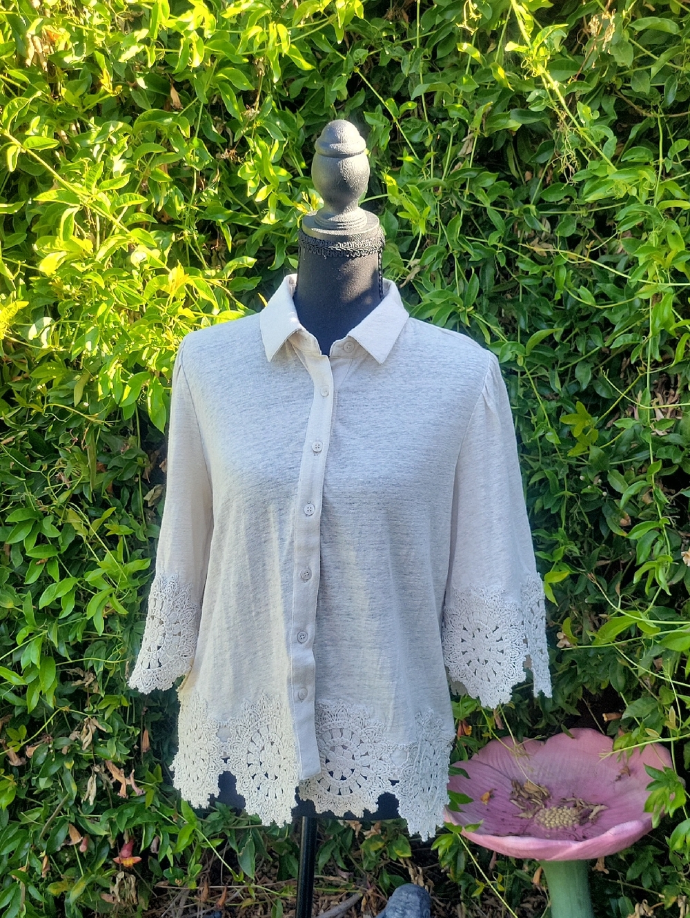 Chico's  Crochet-Hem Button Down Blouse Color River Rock US 4